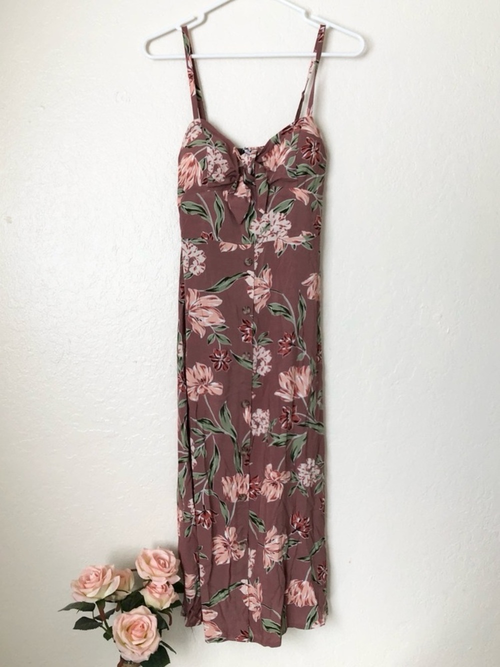 Floral Tie-Front Chemise Slip in Mauve Pink